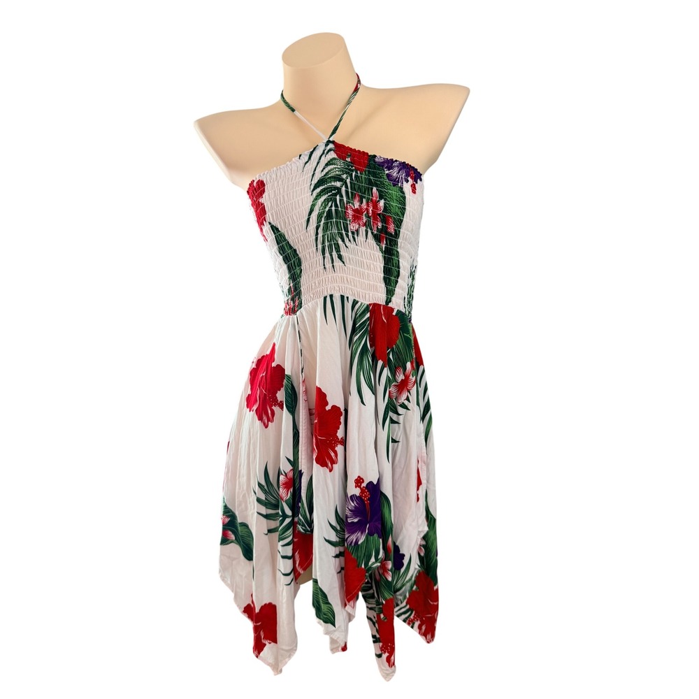 Aloha Fashion Tropical Beachy Hibiscus Smocked Halter Handkerchief Hem Dress OS